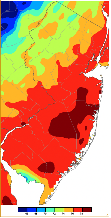 Figure 10. Maximum temperatures on October 7th based on a PRISM (Oregon State University) analysis generated using NWS, NJWxNet, and other professional weather stations. Note the 2-degree increment scale beneath the map. Maximum temperatures on October 7th based on a PRISM (Oregon State University) analysis generated using NWS, NJWxNet, and other professional weather stations.
