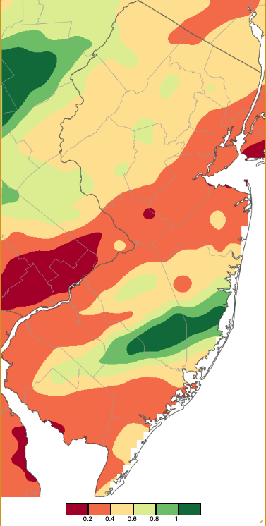 Figure 2. Precipitation across New Jersey from 8 AM on October 7th through 8 AM October 9th based on a PRISM (Oregon State University) analysis generated using NWS Cooperative, CoCoRaHS, NJWxNet, and other professional weather station observations. Note the scale in inches beneath the map. Precipitation across New Jersey from 8 AM on October 7th through 8 AM October 9th based on a PRISM (Oregon State University) analysis generated using NWS Cooperative, CoCoRaHS, NJWxNet, and other professional weather station observations.