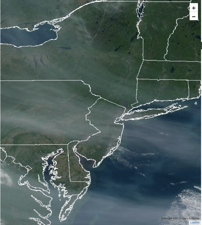 Figure 4. Smoky skies over New Jersey and surroundings at 8:36 AM on May 18th. (NOAA GOES visible satellite image). Smoky skies over New Jersey and surroundings at 8:36 AM on May 18th.