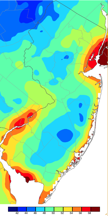 Figure 11. Minimum temperatures on September 17th based on a PRISM (Oregon State University) analysis generated using NWS, NJWxNet, and other professional weather stations. Note the 2° scale beneath the map. Minimum temperatures on September 17th based on a PRISM (Oregon State University) analysis generated using NWS, NJWxNet, and other professional weather stations.