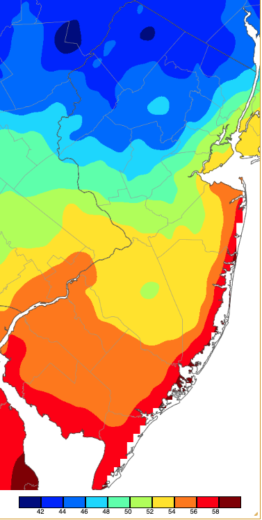Figure 12. Minimum temperatures on September 27th based on a PRISM (Oregon State University) analysis generated using NWS, NJWxNet, and other professional weather stations. Note the 2° scale beneath the map. Minimum temperatures on September 27th based on a PRISM (Oregon State University) analysis generated using NWS, NJWxNet, and other professional weather stations.