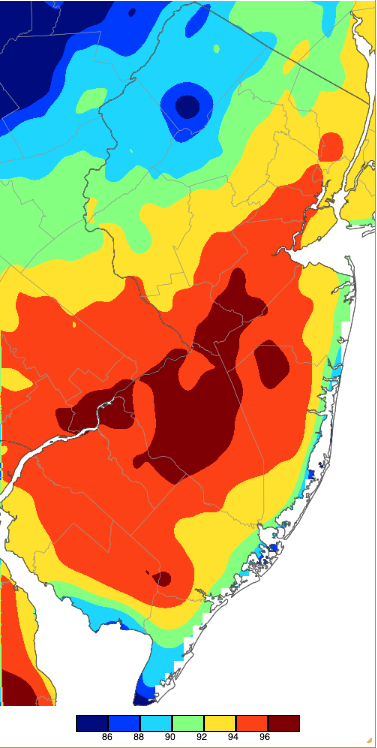 Figure 10. Maximum temperatures on September 7th based on a PRISM (Oregon State University) analysis generated using NWS, NJWxNet, and other professional weather stations. Note the 2° scale beneath the map. Maximum temperatures on September 7th based on a PRISM (Oregon State University) analysis generated using NWS, NJWxNet, and other professional weather stations.