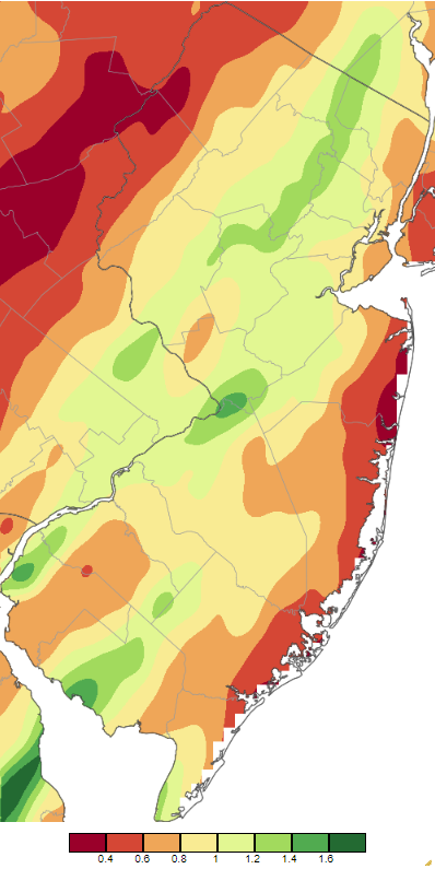 Figure 6. Precipitation across New Jersey from 8 AM on September 17th through 8 AM September 19th based on a PRISM (Oregon State University) analysis generated using NWS Cooperative, CoCoRaHS, NJWxNet, and other professional weather station observations. Precipitation across New Jersey from 8 AM on September 17th through 8 AM September 19th based on a PRISM (Oregon State University) analysis generated using NWS Cooperative, CoCoRaHS, NJWxNet, and other professional weather station observations.