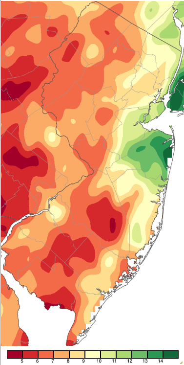 Figure 1. September 2023 precipitation across New Jersey based on a PRISM (Oregon State University) analysis generated using NWS Cooperative, CoCoRaHS, NJWxNet, and other professional weather station observations from approximately 8 AM on August 31st to 8 AM on September 30th. Note the scale in inches at the bottom of the map. Totals range from 4.00”–4.99” (dark red) to 14.00”–15.99” (dark green). September 2023 precipitation across New Jersey based on a PRISM (Oregon State University) analysis generated using NWS Cooperative, CoCoRaHS, NJWxNet, and other professional weather station observations from approximately 8 AM on August 31st to 8 AM on September 30th.