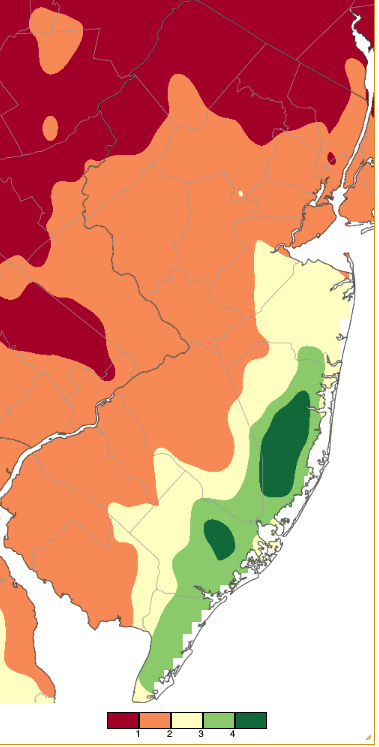 Figure 8. Precipitation across New Jersey from 8 AM on September 22nd through 8 AM September 24th based on a PRISM (Oregon State University) analysis generated using NWS Cooperative, CoCoRaHS, NJWxNet, and other professional weather station observations. Precipitation across New Jersey from 8 AM on September 22nd through 8 AM September 24th based on a PRISM (Oregon State University) analysis generated using NWS Cooperative, CoCoRaHS, NJWxNet, and other professional weather station observations.