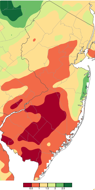 Figure 2. September–October 2024 precipitation across New Jersey based on a PRISM (Oregon State University) analysis generated using NWS Cooperative, CoCoRaHS, NJWxNet, and other professional weather station observations from approximately 8 AM on August 31st to 8 AM on October 31st. Note the scale in inches at the bottom of the map. Totals range from 0.00”–0.50” (dark red) to 2.50”–3.00” (dark green). September–October 2024 precipitation across New Jersey based on a PRISM (Oregon State University) analysis generated using NWS Cooperative, CoCoRaHS, NJWxNet, and other professional weather station observations from approximately 8 AM on August 31st to 8 AM on October 31st.