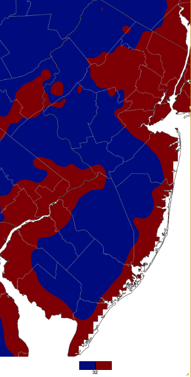 Figure 7. Areas that have experienced a freezing temperature this fall (blue) and those yet to have fallen to below freezing (maroon). Graphic is based on a PRISM (Oregon State University) analysis generated using NWS, NJWxNet, and other professional weather stations. Areas that have experienced a freezing temperature this fall (blue) and those yet to have fallen to below freezing (maroon). Graphic is based on a PRISM (Oregon State University) analysis generated using NWS, NJWxNet, and other professional weather stations.