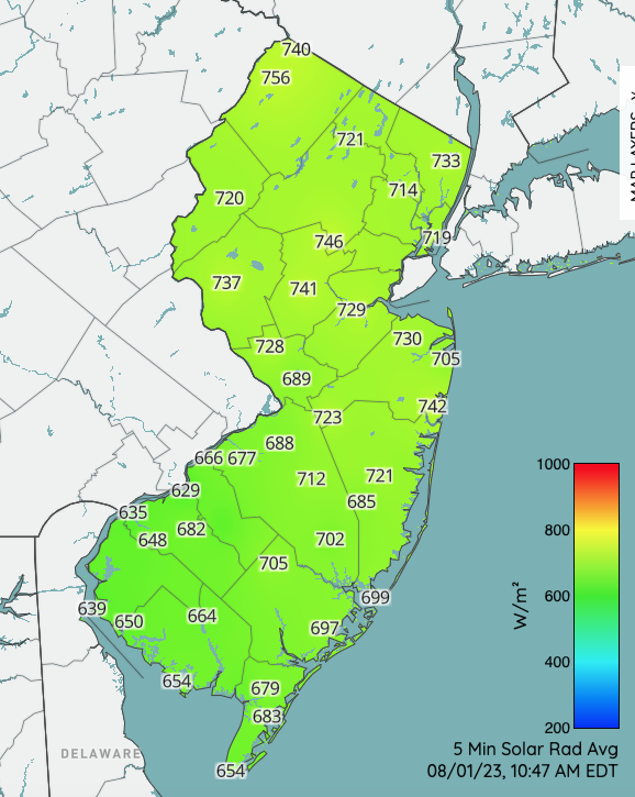 Figure 11. 5-minute average solar radiation at 10:45 AM on August 1st as observed at NJWxNet stations. 5-minute average solar radiation at 10:45 AM on August 1st as observed at NJWxNet stations.