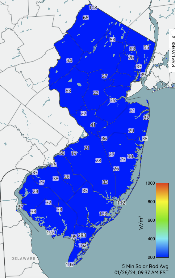 Figure 13. Solar radiation (in watts per meter squared) observed at NJWxNet stations at 9:37AM on January 26th. These are low values for this time of day, indicative of the thick cloud cover on this morning and over many days toward the end of the month. Under clear skies, values at this time of day in late January are approximately 350 watts per meter squared. Solar radiation (in watts per meter squared) observed at NJWxNet stations at 9:37AM on January 26th. These are low values for this time of day, indicative of the thick cloud cover on this morning and over many days toward the end of the month