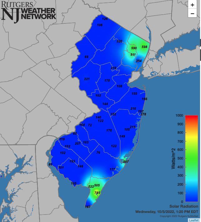 Figure 6. Solar radiation at NJWxNet stations at 1:20 PM EST on October 5th. Solar radiation at NJWxNet stations at 1:20 PM EST on October 5th.