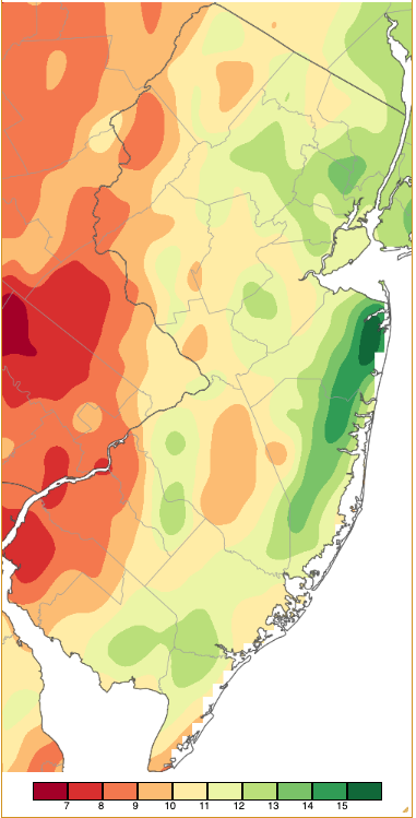 Figure 9. Spring 2023 precipitation across New Jersey based on a PRISM (Oregon State University) analysis generated using NWS Cooperative and CoCoRaHS observations from 7 AM on February 28th to 8 AM on May 31st. Note the scale in full inches at the bottom of the map. Totals range from 6.00 Spring 2023 precipitation across New Jersey based on a PRISM (Oregon State University) analysis generated using NWS Cooperative and CoCoRaHS observations from 7 AM on February 28th to 8 AM on May 31st.