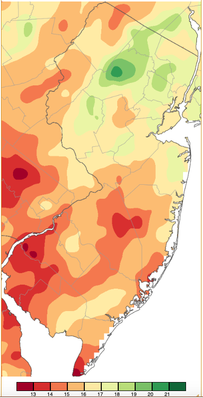 Figure 13. Spring 2024 (March 1st–May 31st) precipitation across New Jersey based on a PRISM (Oregon State University) analysis generated using NWS Cooperative and CoCoRaHS observations. Note the scale in full inches at the bottom of the map. Totals range from 12.00”–12.99” (dark red) to 21.00”–21.99” (dark green). Spring 2024 (March 1st–May 31st) precipitation across New Jersey based on a PRISM (Oregon State University) analysis generated using NWS Cooperative and CoCoRaHS observations.