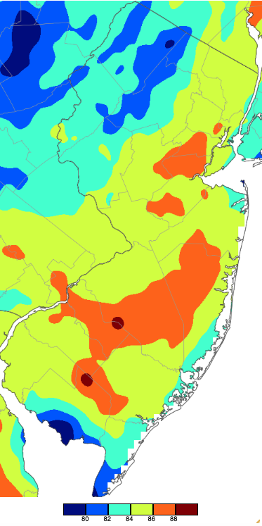 Figure 15. Extreme maximum temperatures during spring 2025 based on a PRISM (Oregon State University) analysis generated using NWS, NJWxNet, and other professional weather stations. The seasonal maximum occurred on different days at different locations. Extreme maximum temperatures during spring 2025 based on a PRISM (Oregon State University) analysis generated using NWS, NJWxNet, and other professional weather stations.