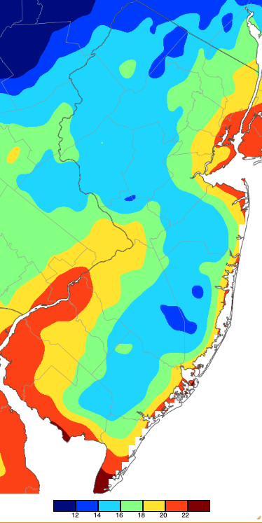 Figure 16. Extreme minimum temperatures during spring 2025 based on a PRISM (Oregon State University) analysis generated using NWS, NJWxNet, and other professional weather stations. The seasonal minimum occurred on different days at different locations. Extreme minimum temperatures during spring 2025 based on a PRISM (Oregon State University) analysis generated using NWS, NJWxNet, and other professional weather stations.