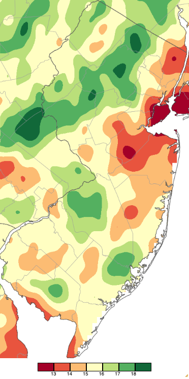 Figure 13. Spring 2025 (March 1st–May 31st) precipitation across New Jersey based on a PRISM (Oregon State University) analysis generated using NWS Cooperative and CoCoRaHS observations. Note the scale in full inches at the bottom of the map. Totals range from 12.00”–12.99” (dark red) to 18.00”–18.99” (dark green). Spring 2025 (March 1st–May 31st) precipitation across New Jersey based on a PRISM (Oregon State University) analysis generated using NWS Cooperative and CoCoRaHS observations.