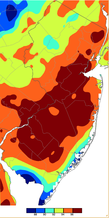 Extreme maximum temperatures during spring 2026 based on a PRISM (Oregon State University) analysis generated using NWS, NJWxNet, and other professional weather stations.