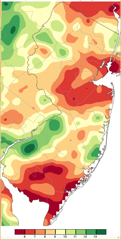 Figure 11. Summer precipitation across New Jersey from 8 AM on May 31st through 8 AM August 31st based on a PRISM (Oregon State University) analysis generated using generated using NWS Cooperative and CoCoRaHS observations. Note the scale in inches beneath the map. Summer precipitation across New Jersey from 8 AM on May 31st through 8 AM August 31st based on a PRISM (Oregon State University) analysis generated using generated using NWS Cooperative and CoCoRaHS observations.