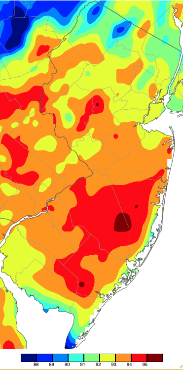 Figure 16. Extreme maximum temperatures during the summer of 2023 (June 1st–August 31st) based on a PRISM (Oregon State University) analysis generated using NWS, NJWxNet, and other professional weather stations. The seasonal maximum occurred on different days at different locations. Note the 1° scale beneath the map. Extreme maximum temperatures during the summer of 2023 (June 1st–August 31st) based on a PRISM (Oregon State University) analysis generated using NWS, NJWxNet, and other professional weather stations. The seasonal maximum occurred on different days at different locations.
