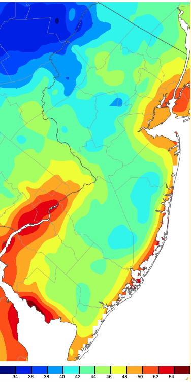 Figure 17. Extreme minimum temperatures during the summer of 2023 (June 1st–August 31st) based on a PRISM (Oregon State University) analysis generated using NWS, NJWxNet, and other professional weather stations. The seasonal maximum occurred on different days at different locations. Note the 2° scale beneath the map. Extreme minimum temperatures during the summer of 2023 (June 1st–August 31st) based on a PRISM (Oregon State University) analysis generated using NWS, NJWxNet, and other professional weather stations. The seasonal maximum occurred on different days at different locations.
