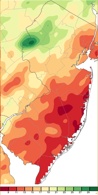 Figure 18. Summer precipitation across New Jersey from 8AM on May 31st through 8AM August 31st based on a PRISM (Oregon State University) analysis generated using generated using NWS Cooperative and CoCoRaHS observations. Note the scale in inches beneath the map. Summer precipitation across New Jersey from 8AM on May 31st through 8AM August 31st based on a PRISM (Oregon State University) analysis generated using generated using NWS Cooperative and CoCoRaHS observations.