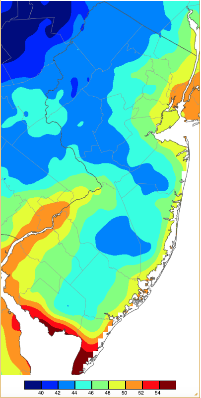 Figure 13. Extreme minimum temperatures during summer 2025 (June 1st–August 31st) based on a PRISM (Oregon State University) analysis generated using NWS, NJWxNet, and other professional weather stations. The seasonal minimums occurred on different days at different locations. Extreme minimum temperatures during summer 2025 (June 1st–August 31st) based on a PRISM (Oregon State University) analysis generated using NWS, NJWxNet, and other professional weather stations.