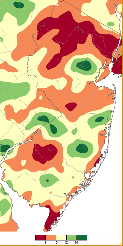 Figure 11. Summer 2025 precipitation across New Jersey from 8 AM on May 31st through 8 AM August 31st based on a PRISM (Oregon State University) analysis generated using generated using NWS Cooperative and CoCoRaHS observations. Summer 2025 precipitation across New Jersey from 8 AM on May 31st through 8 AM August 31st based on a PRISM (Oregon State University) analysis generated using generated using NWS Cooperative and CoCoRaHS observations.