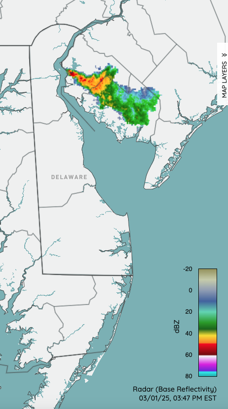 Figure 3. NWS radar at 3:47 PM on March 1st showing smoke moving southeast from the Supawna Wildlife Refuge fire. NWS radar at 3:47 PM on March 1st showing smoke moving southeast from the Supawna Wildlife Refuge fire.