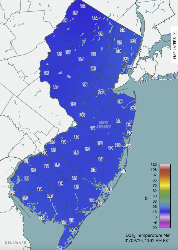 Figure 7. Minimum temperatures the morning of January 9th at Rutgers NJ Weather Network stations. Map of minimum temperatures the morning of January 9th at Rutgers NJ Weather Network stations.