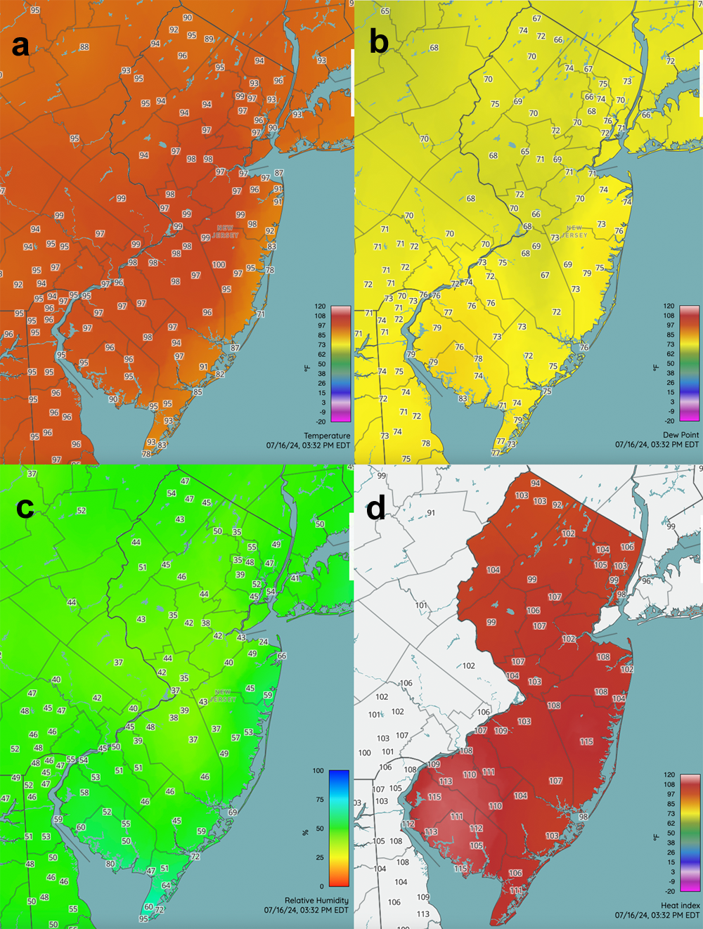 Figure 3. Conditions at 3:30 PM on July 16th. This includes air temperature (a), dew point (b), relative humidity (c), and heat index (d). Observations are from NJWxNet, NWS, and other professional weather stations. Figure 3. Conditions at 3:30 PM on July 16th. This includes air temperature, dew point, relative humidity, and heat index. Observations are from NJWxNet, NWS, and other professional weather stations.