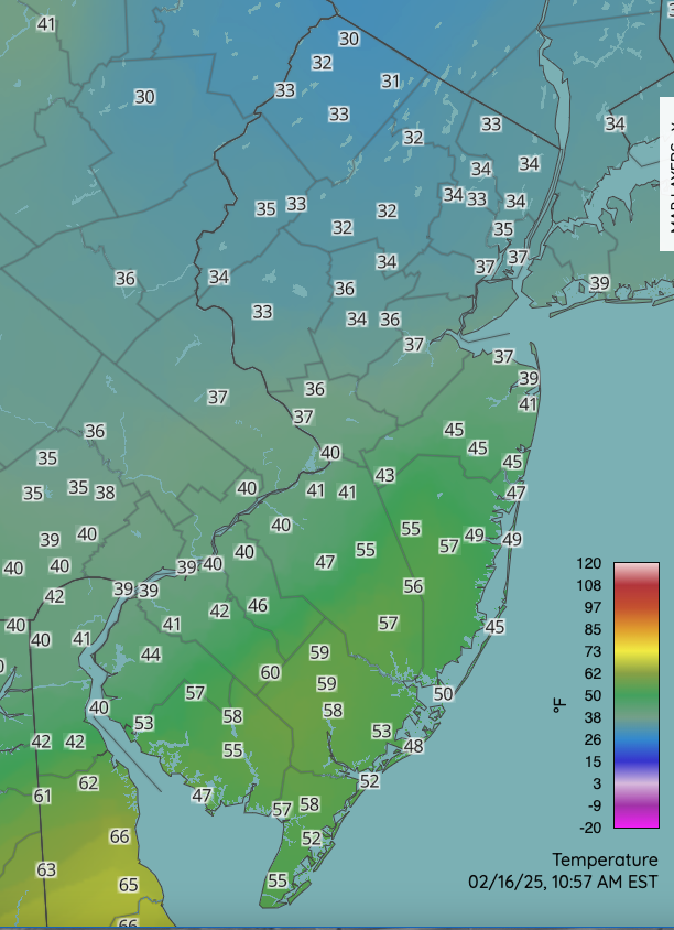 Figure 9. Surface air temperatures at 10:57 AM on February 16th. Map includes observations from NJWxNet, Delaware Environmental Observing System, and National Weather Service stations. Surface air temperatures at 10:57 AM on February 16th. Map includes observations from NJWxNet, Delaware Environmental Observing System, and National Weather Service stations.