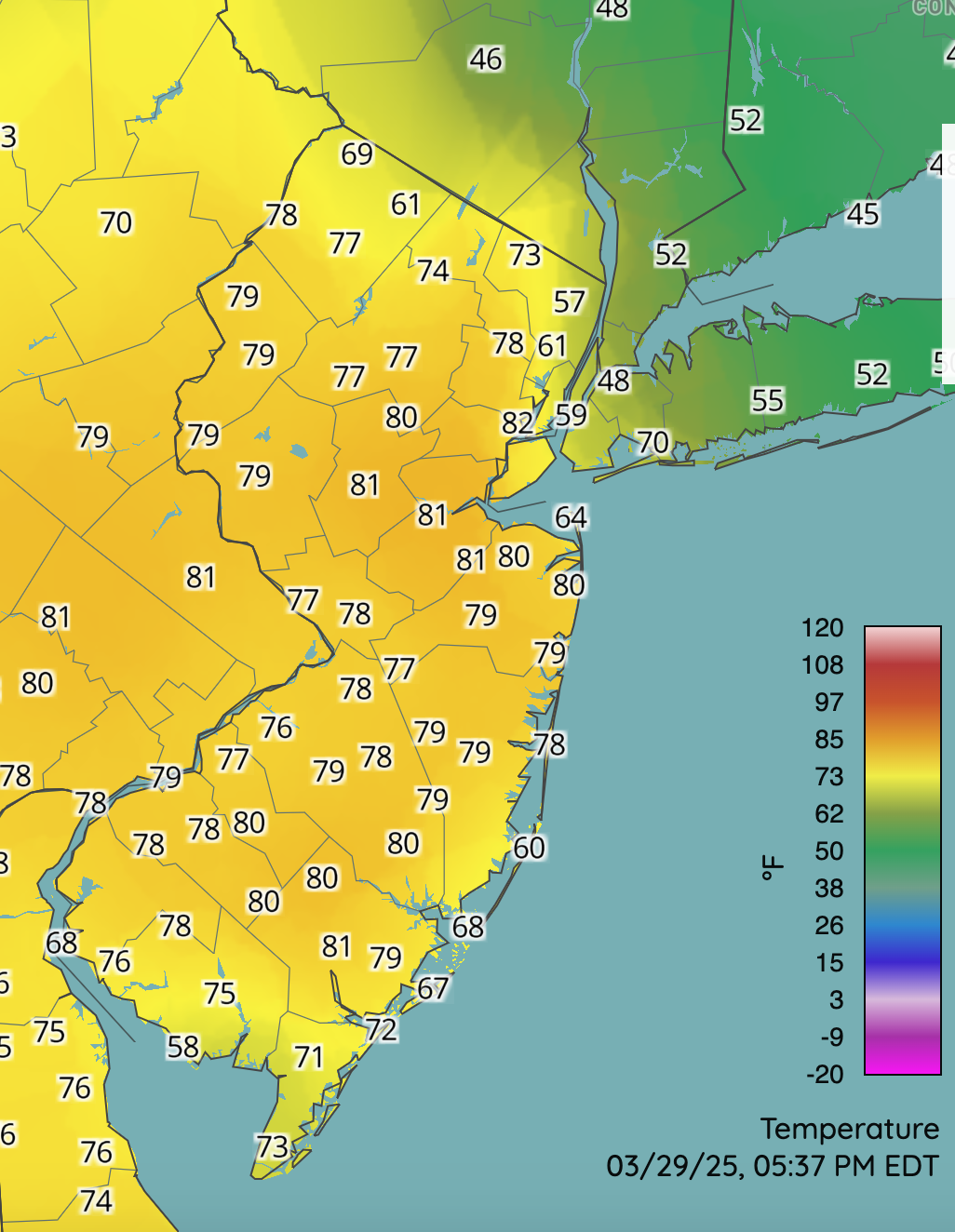 Figure 10. Temperatures at around 5:37 PM on March 29th at NJWxNet, NWS, and other professional weather stations. Temperatures at around 5:37 PM on March 29th at NJWxNet, NWS, and other professional weather stations.