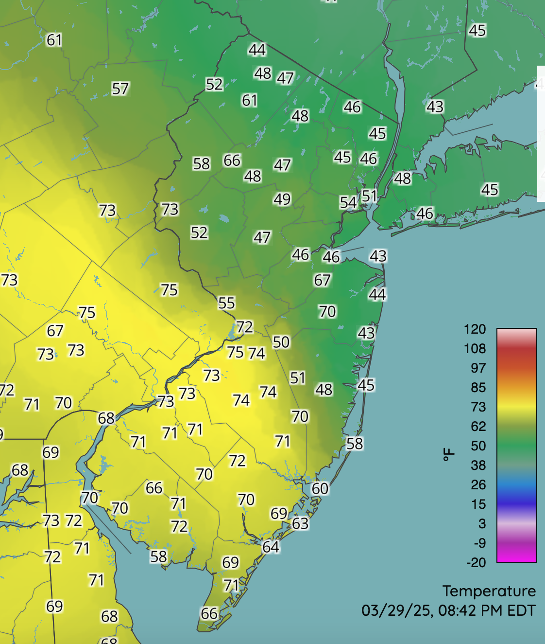 Figure 11. Temperatures at around 8:42 PM on March 29th at NJWxNet, NWS, and other professional weather stations. Temperatures at around 8:42 PM on March 29th at NJWxNet, NWS, and other professional weather stations.