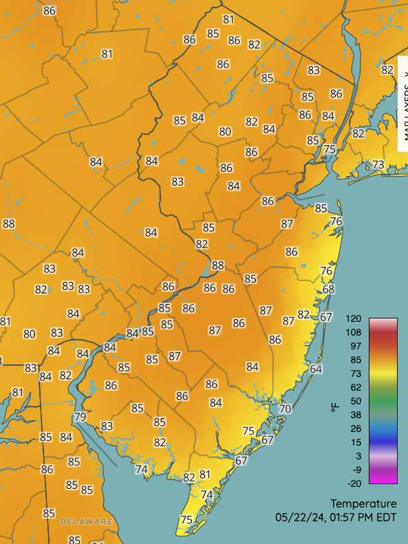 Figure 6. Air temperatures at 1:57 PM EDT on May 22nd. Observations are from NJWxNet, National Weather Service, and Delaware Environmental Observing System stations. Air temperatures at 1:57 PM EDT on May 22nd. Observations are from NJWxNet, National Weather Service, and Delaware Environmental Observing System stations.
