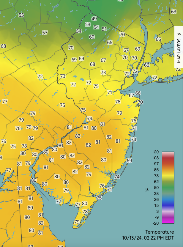 Figure 4. Temperatures at 2:22 PM on October 13th. Observations are from NJWxNet, NWS, and other professional weather stations. Maximum temperatures on September 1st based on a PRISM (Oregon State University) analysis generated using NWS, NJWxNet, and other professional weather stations.