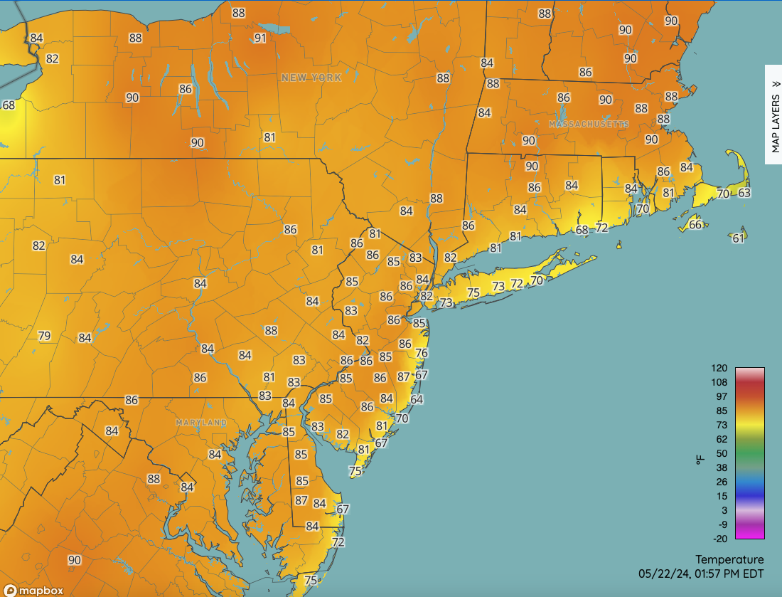 Figure 7. Regional air temperatures at 1:57 PM EDT on May 22nd. Observations are from NJWxNet, National Weather Service, and Delaware Environmental Observing System stations. Regional air temperatures at 1:57 PM EDT on May 22nd. Observations are from NJWxNet, National Weather Service, and Delaware Environmental Observing System stations.