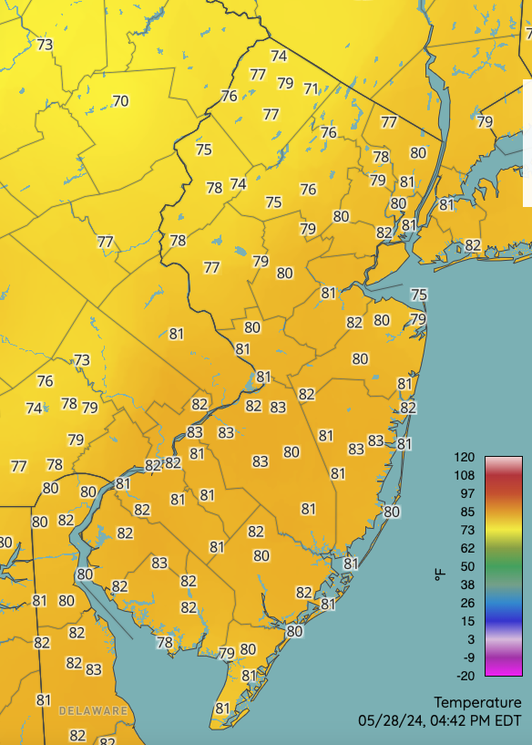 Figure 8. Air temperatures at 4:42 PM EDT on May 28th. Observations are from NJWxNet, National Weather Service, and Delaware Environmental Observing System stations. Air temperatures at 4:42 PM EDT on May 28th. Observations are from NJWxNet, National Weather Service, and Delaware Environmental Observing System stations.