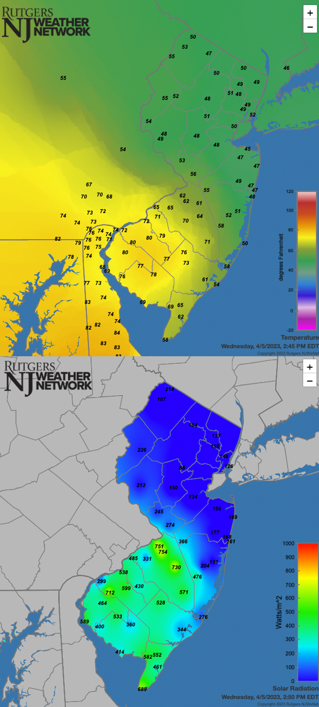Figure 9. Temperatures at NJWxNet and some other stations on April 5th at 2:55 PM (top) and incoming solar radiation at NJWxNet stations at the same time (bottom). Temperatures at NJWxNet and some other stations on April 5th at 2:55 PM (top) and incoming solar radiation at NJWxNet stations at the same time (bottom).