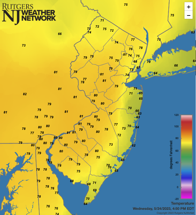 Figure 7. Temperatures on May 24th at 4:50 PM from Rutgers NJWxNet, Delaware Environment Observing System, and National Weather Service stations. Temperatures on May 24th at 4:50 PM from Rutgers NJWxNet, Delaware Environment Observing System, and National Weather Service stations.
