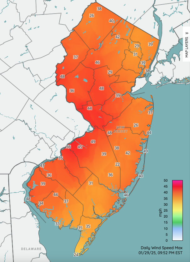 Figure 8. Peak wind gusts (mph) at NJWxNet stations on the morning of January 29th. Map of peak wind gusts at NJWxNet stations on the morning of January 29th.