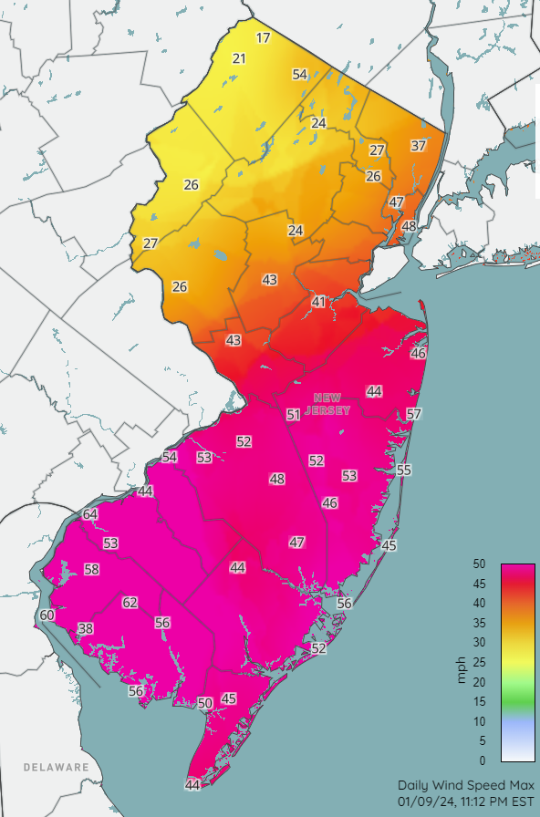 Figure 7. Peak wind gusts (mph) at NJWxNet stations on January 9th. Peak wind gusts (mph) at NJWxNet stations on January 9th.