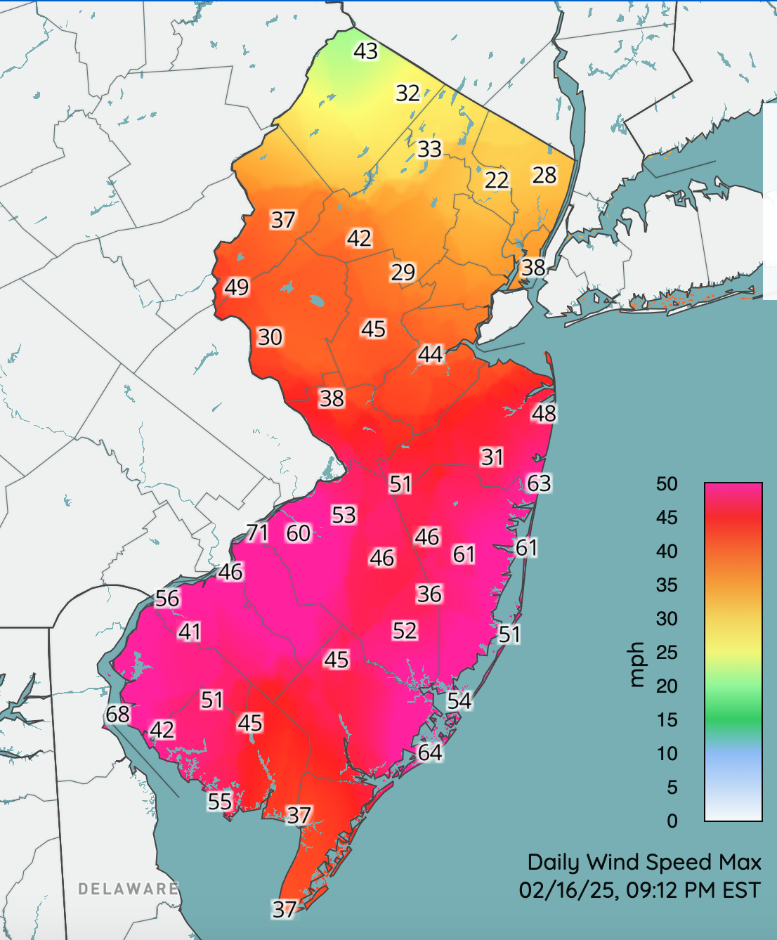 Figure 11. Daily wind speed maximums in mph at NJWxNet stations on February 16th. Maximums had been achieved by the time the map was generated at 9:12 PM. Daily wind speed maximums in mph at NJWxNet stations on February 16th.