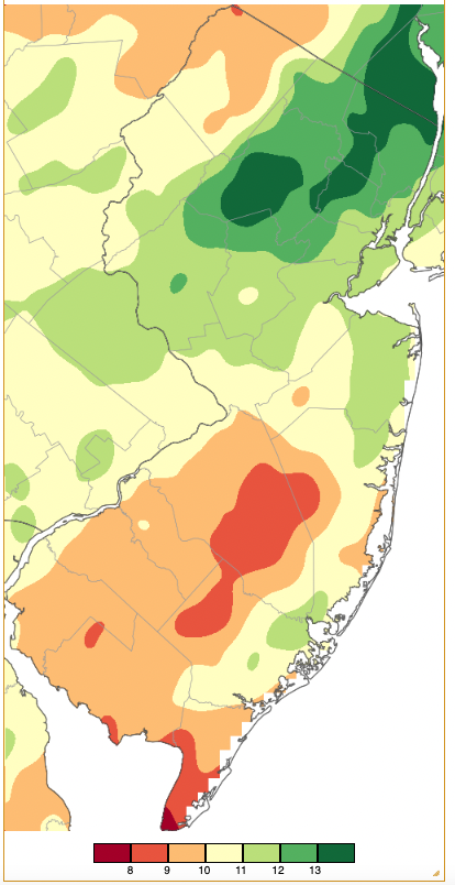 Figure 10. Winter 2022/2023 precipitation across New Jersey based on a PRISM (Oregon State University) analysis generated using NWS Cooperative and CoCoRaHS observations. Note the scale in full inches at the bottom of the map. Totals range from 7.00”–7.99” (dark red) to 13.00”–13.99” (dark green). Winter 2022/2023 precipitation across New Jersey based on a PRISM (Oregon State University) analysis generated using NWS Cooperative and CoCoRaHS observations.