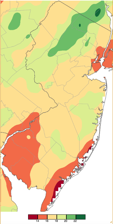 Figure 9. Winter 2023/24 (December 1st–February 29th) precipitation across New Jersey based on a PRISM (Oregon State University) analysis generated using NWS Cooperative and CoCoRaHS observations. Note the scale in full inches at the bottom of the map. Totals range from 12.00”–13.99” (dark red) to 22.00”–23.99” (dark green). Winter 2023/24 (December 1st–February 29th) precipitation across New Jersey based on a PRISM (Oregon State University) analysis generated using NWS Cooperative and CoCoRaHS observations.
