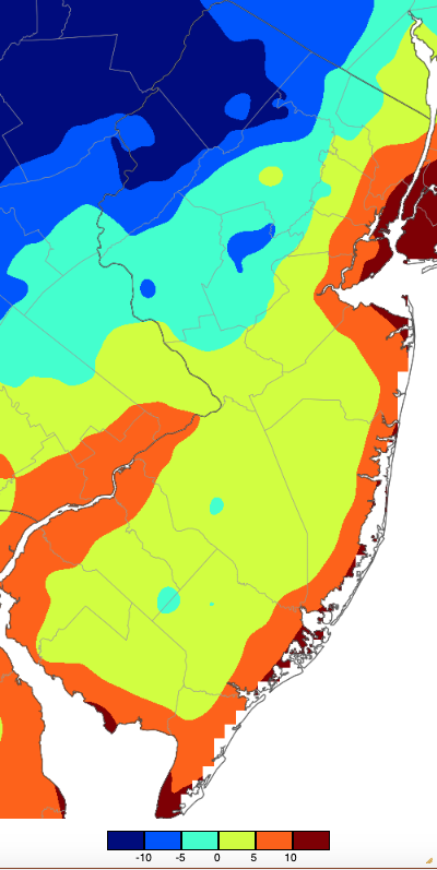 Figure 19. Extreme minimum temperatures during winter 2024/2025 based on a PRISM (Oregon State University) analysis generated using NWS, NJWxNet, and other professional weather stations. The seasonal minimum occurred on different days at different locations. Extreme minimum temperatures during winter 2024/2025 based on a PRISM (Oregon State University) analysis generated using NWS, NJWxNet, and other professional weather stations.
