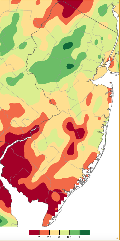 Figure 16. Winter 2024/25 (December 1st–February 28th) precipitation across New Jersey based on a PRISM (Oregon State University) analysis generated using NWS Cooperative, CoCoRaHS, NJWxNet, and other professional weather station observations. Totals range from 6.50”–6.99” (dark red) to 9.00”–9.49” (dark green). Winter 2024/25 (December 1st–February 28th) precipitation across New Jersey based on a PRISM (Oregon State University) analysis generated using NWS Cooperative, CoCoRaHS, NJWxNet, and other professional weather station observations.