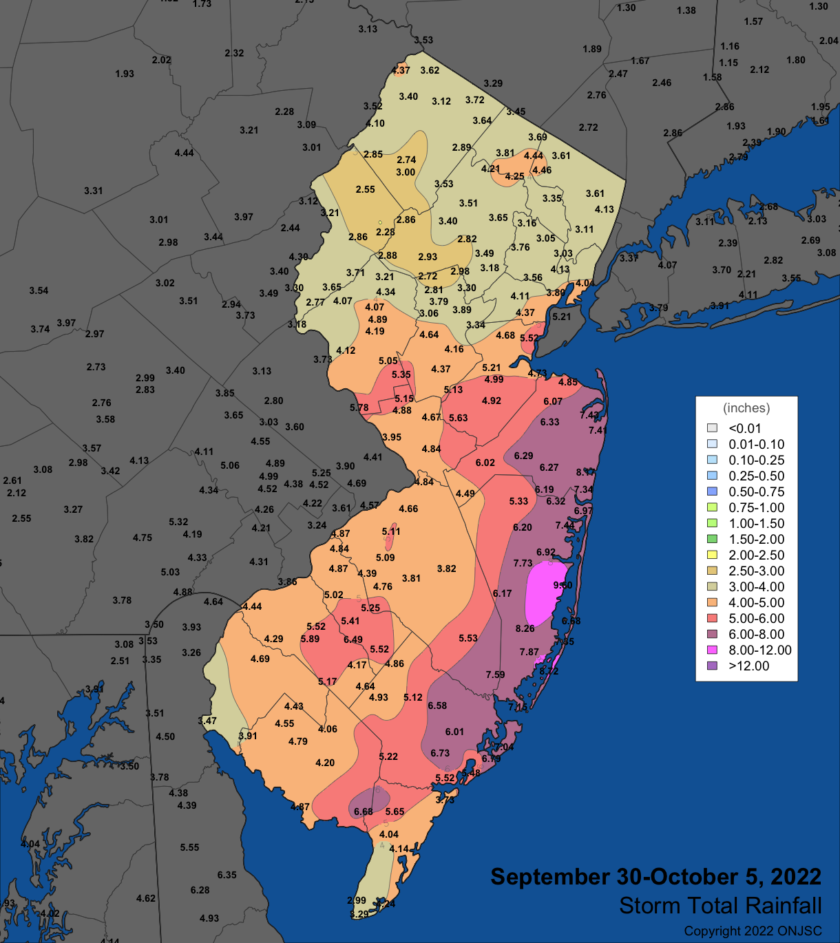 Figure 2. Precipitation across New Jersey from the evening of September 30th through morning of October 5th based on data from NWS Cooperative, CoCoRaHS, and Rutgers NJ Weather Network observations. Note the scale in inches on the map.. Precipitation across New Jersey from the evening of September 30th through morning of October 5th based on data from NWS Cooperative, CoCoRaHS, and Rutgers NJ Weather Network observations.
