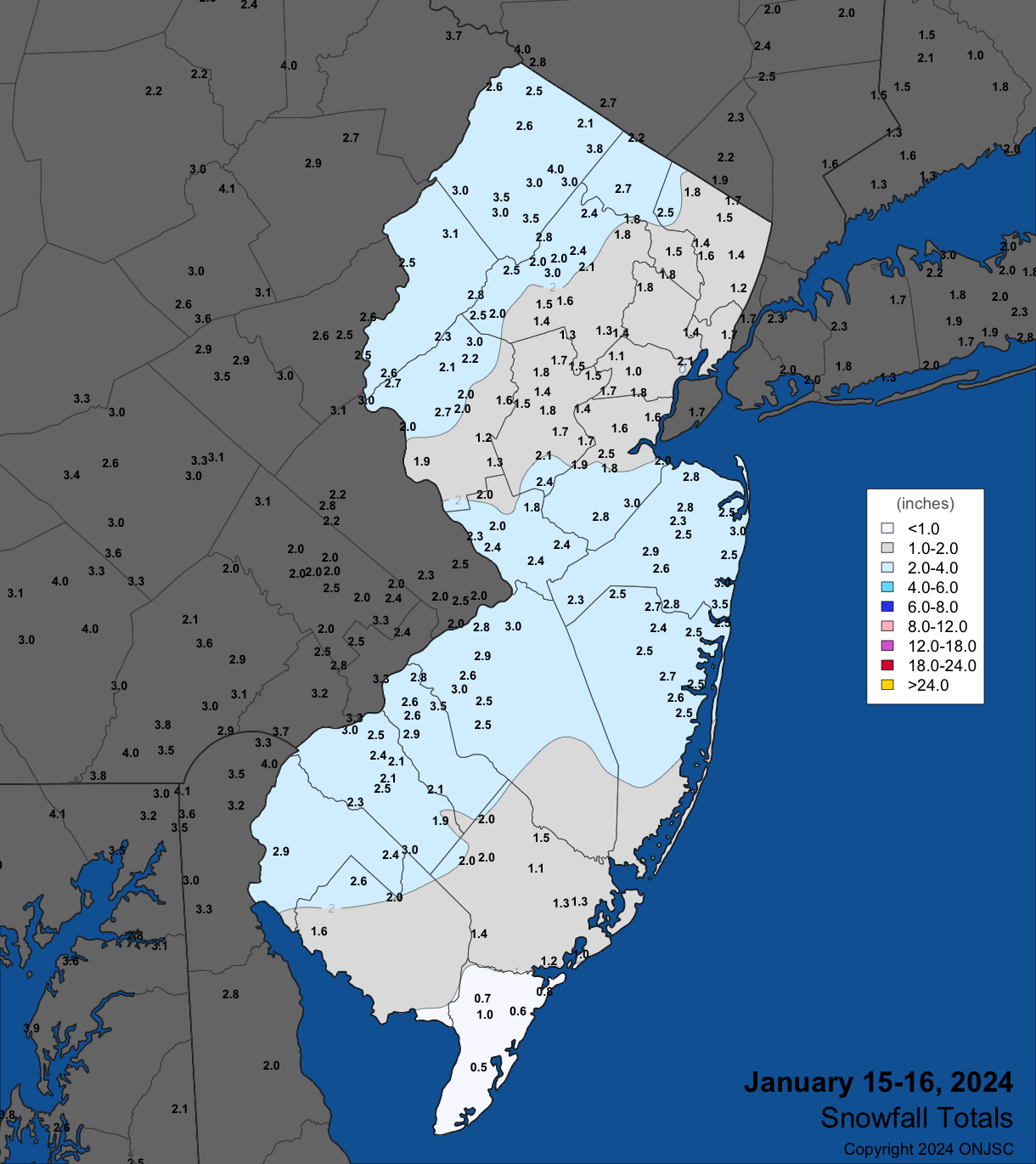 Figure 10. Snowfall from the evening of January 15th into the morning of January 16th. Observations are from CoCoRaHS, NWS Cooperative Observer, and NWS Spotter reports. Snowfall from the evening of January 15th into the morning of January 16th. Observations are from CoCoRaHS, NWS Cooperative Observer, and NWS Spotter reports.