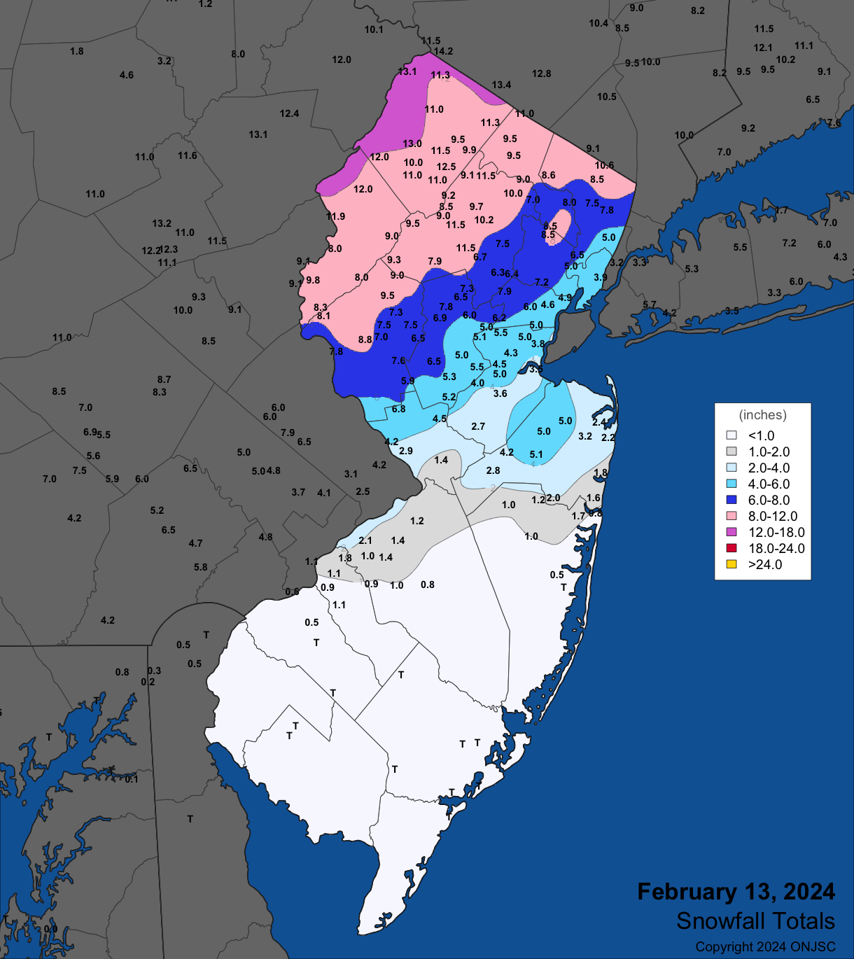 Figure 3. Snowfall on February 13th. Observations are from CoCoRaHS, NWS Cooperative Observer, NWS Trained Spotter, and reports from the North Jersey Weather Observers. Snowfall on February 13th. Observations are from CoCoRaHS, NWS Cooperative Observer, NWS Trained Spotter, and reports from the North Jersey Weather Observers.