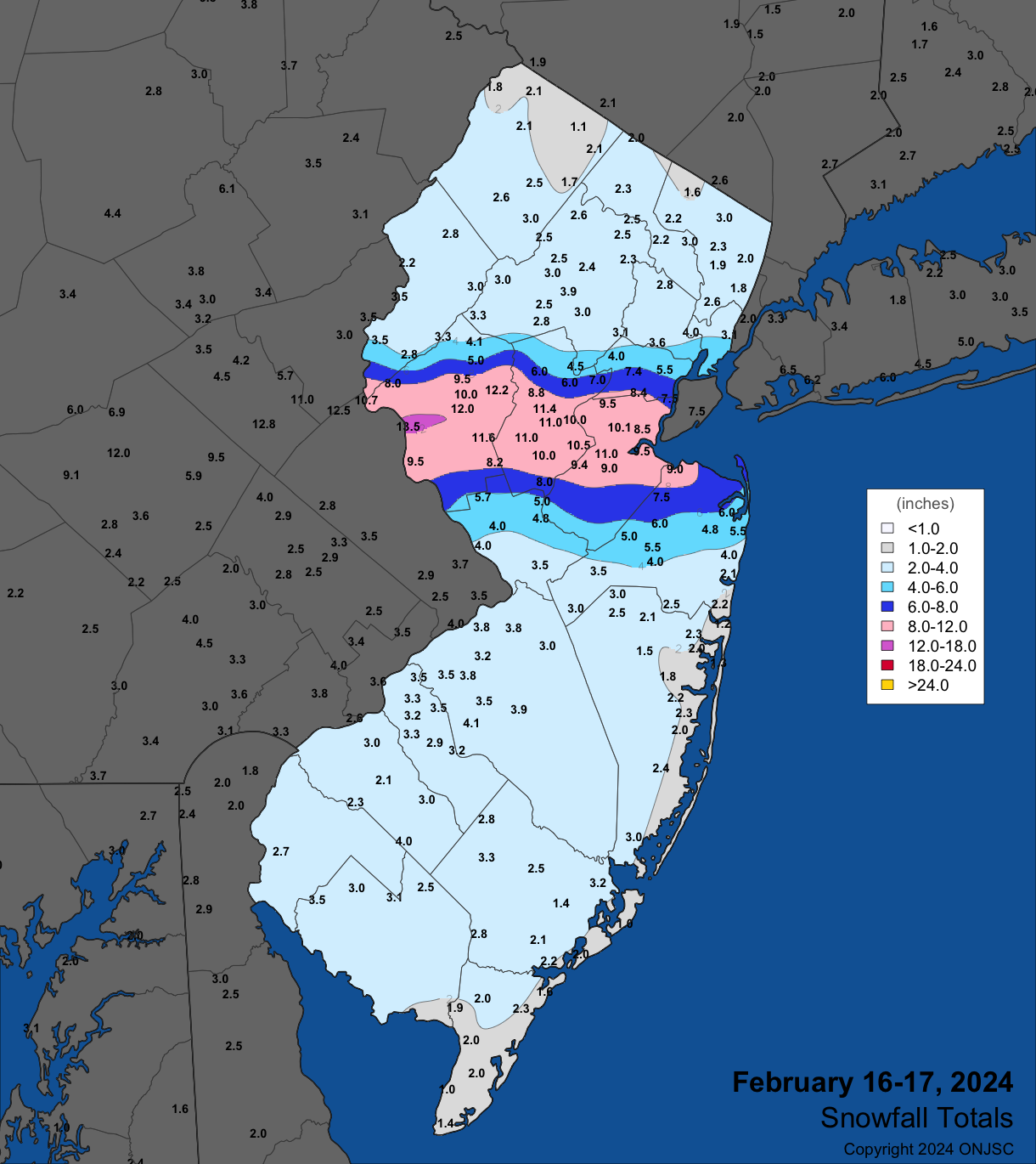 Figure 5. Snowfall on February 16th–17th. Observations are from CoCoRaHS, NWS Cooperative Observer, NWS Trained Spotter, and reports from the North Jersey Weather Observers. Snowfall on February 16th–17th. Observations are from CoCoRaHS, NWS Cooperative Observer, NWS Trained Spotter, and reports from the North Jersey Weather Observers.