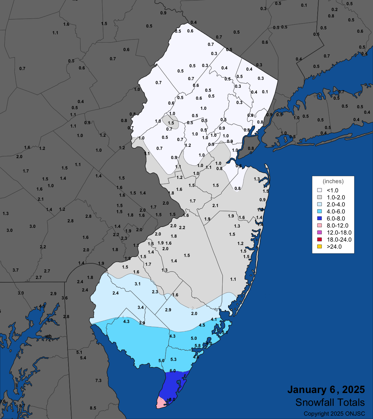 Figure 4. Snowfall on January 6th. Observations are from CoCoRaHS, NWS Cooperative Observer, and NWS Spotter reports. Snowfall map for January 6th. Observations are from CoCoRaHS, NWS Cooperative Observer, and NWS Spotter reports.